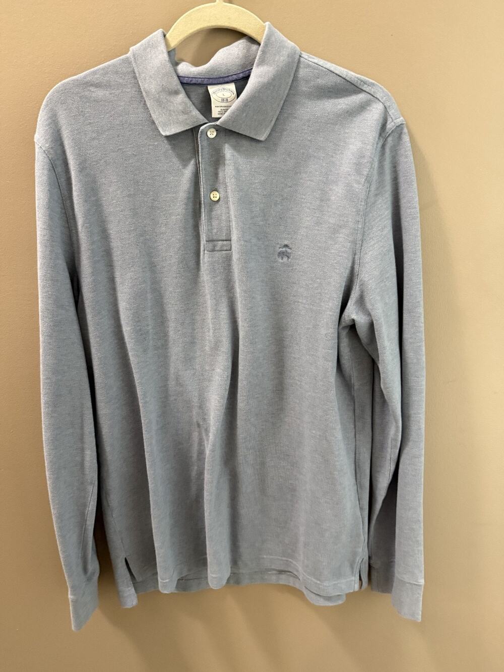 Brooks Brothers Men's Light Gray-Blue Long Sleeve Polo Size L Classic Preppy